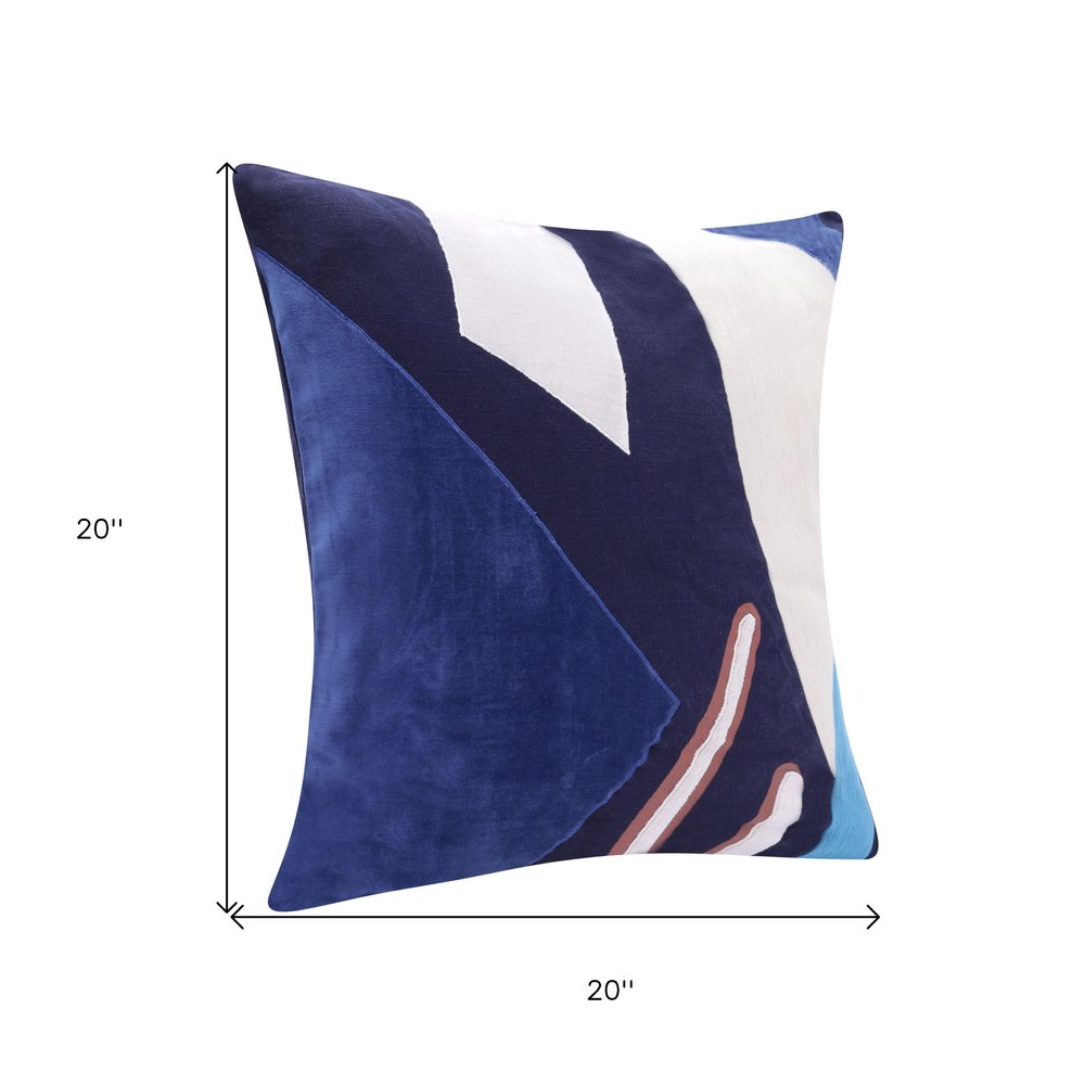 20" X 20" Brown Blue And Off-White 100% Cotton Abstract Zippered Pillow