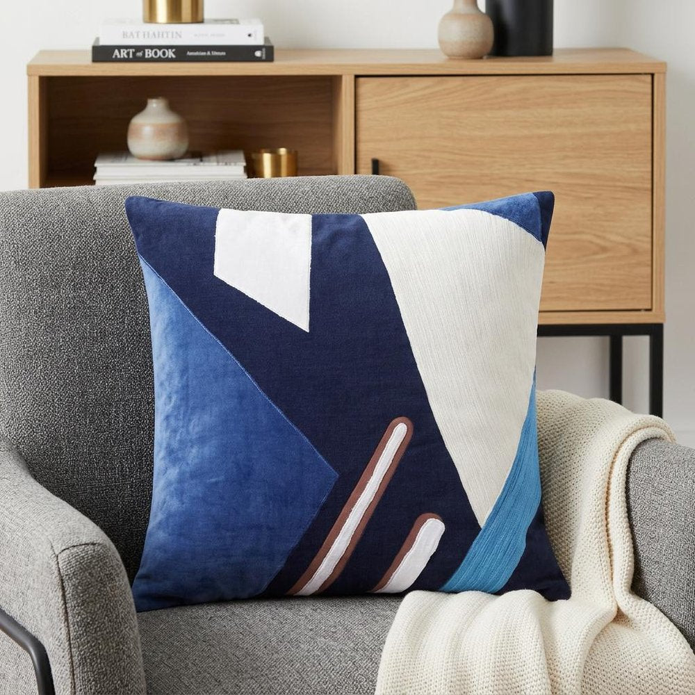 20" X 20" Brown Blue And Off-White 100% Cotton Abstract Zippered Pillow