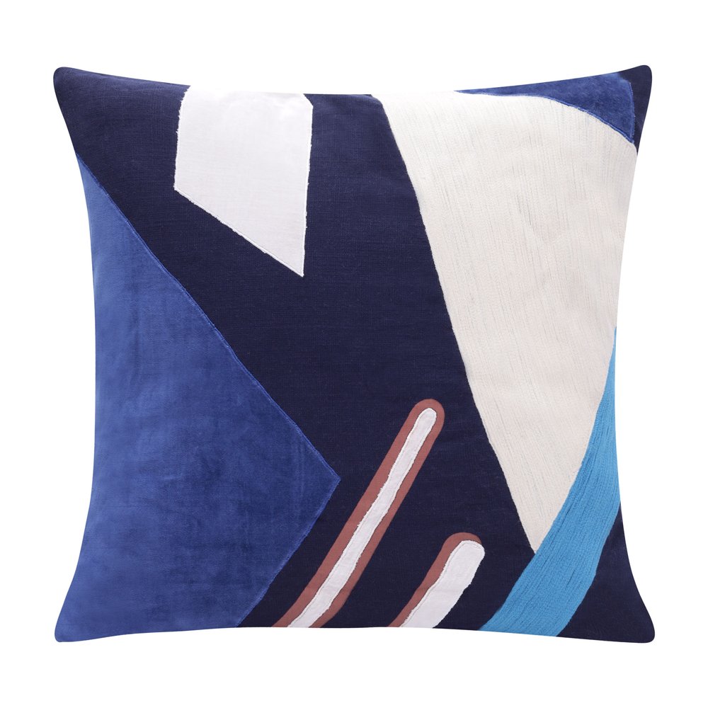 20" X 20" Brown Blue And Off-White 100% Cotton Abstract Zippered Pillow
