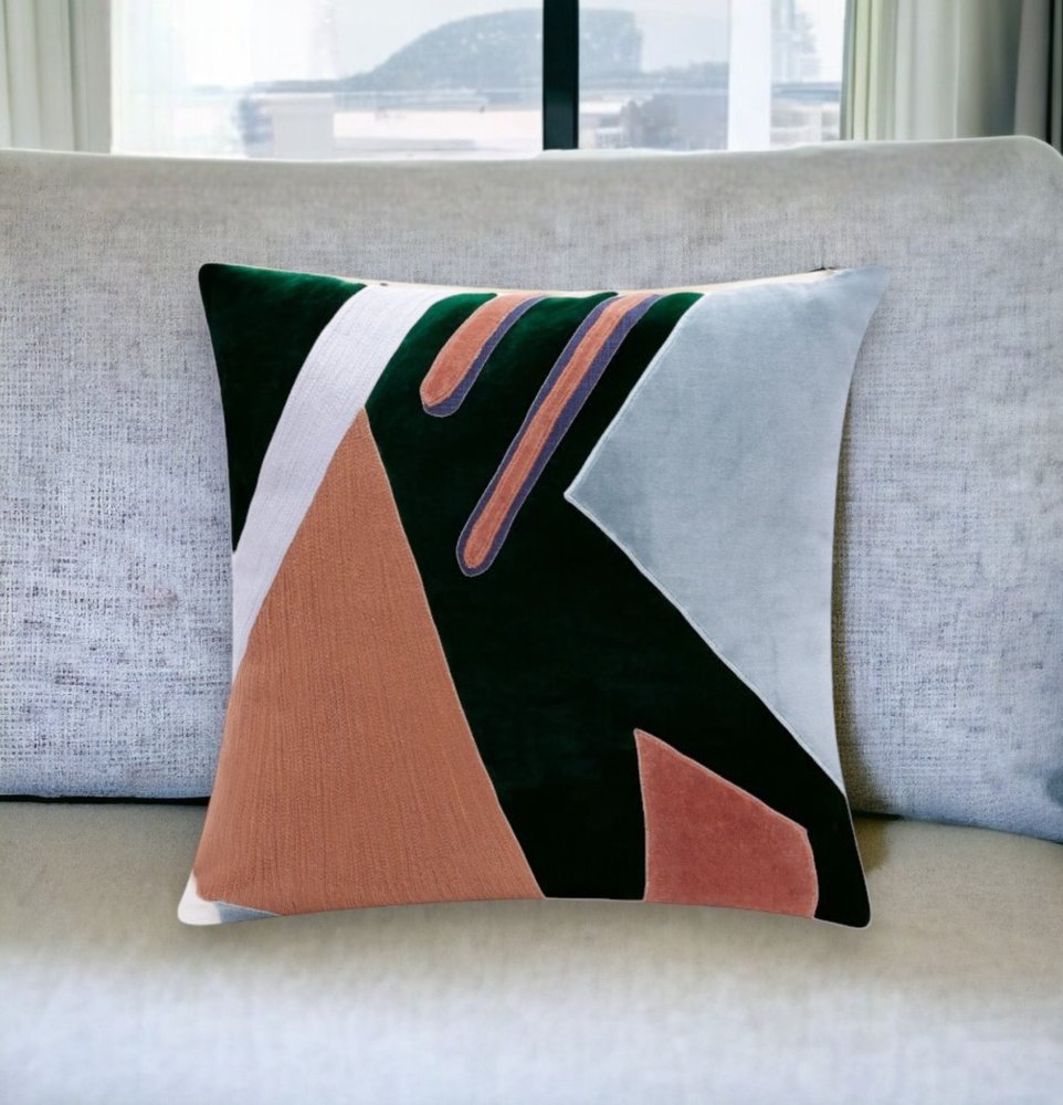 20" X 20" Yellow Purple Off-White And Coral 100% Cotton Abstract Zippered Pillow