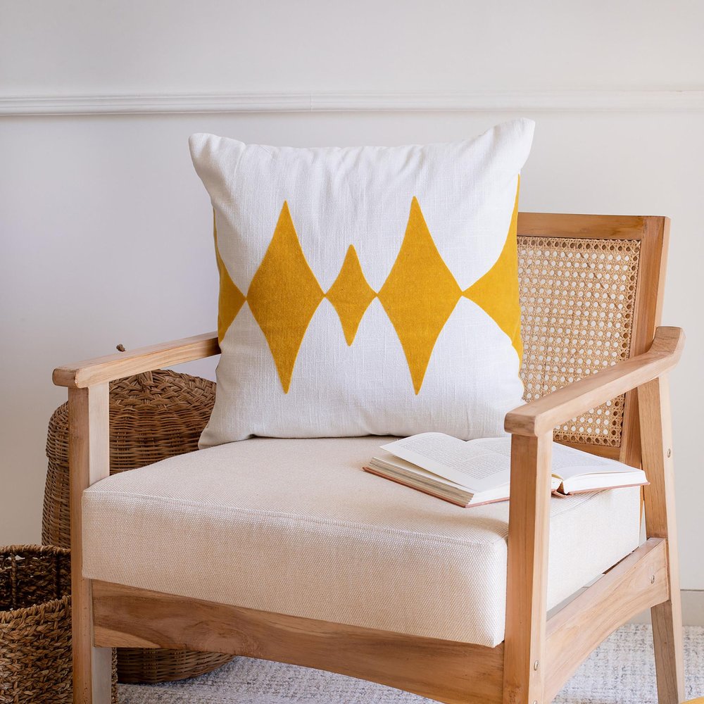 20" Yellow And White Cotton Diamond Throw Pillow