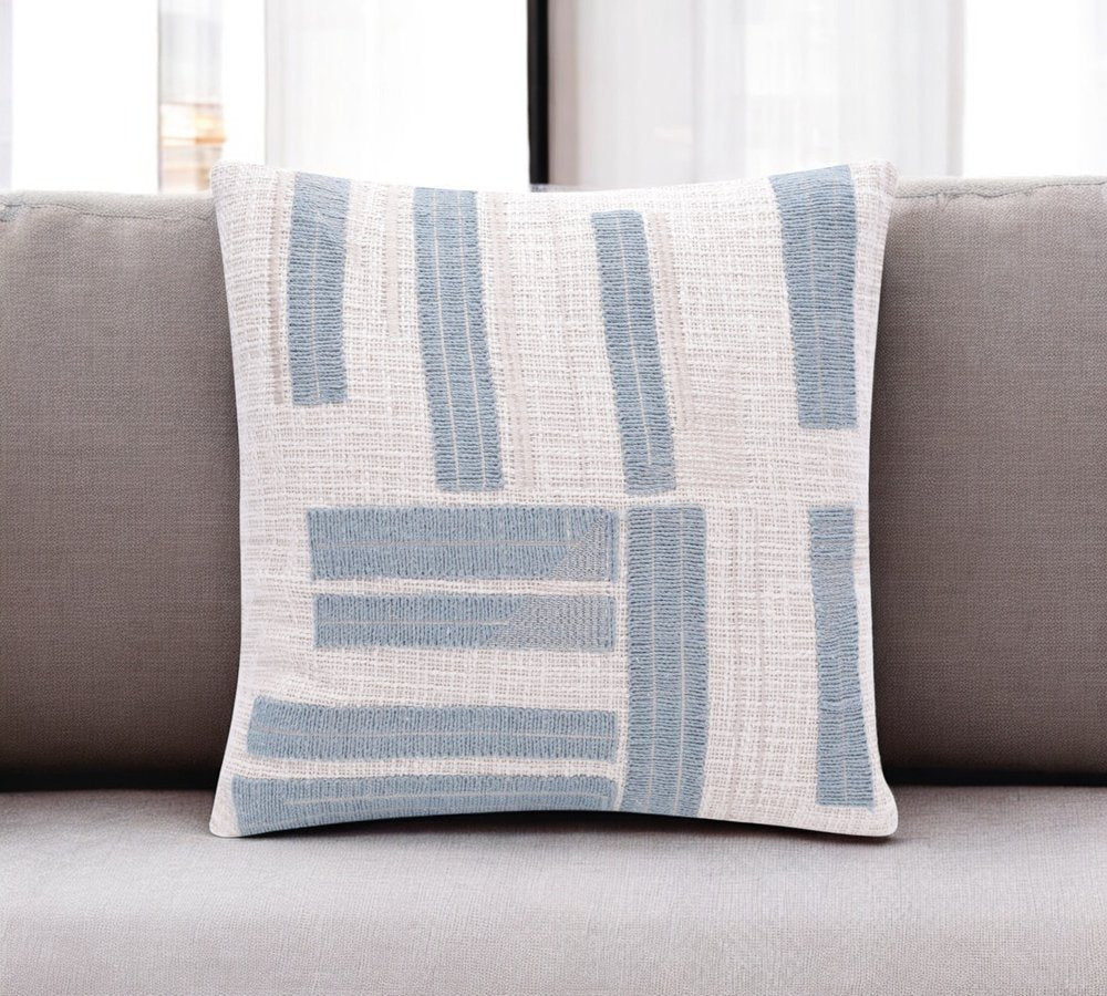 20" Blue And Ivory Cotton Striped Throw Pillow