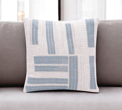 20" Blue And Ivory Cotton Striped Throw Pillow