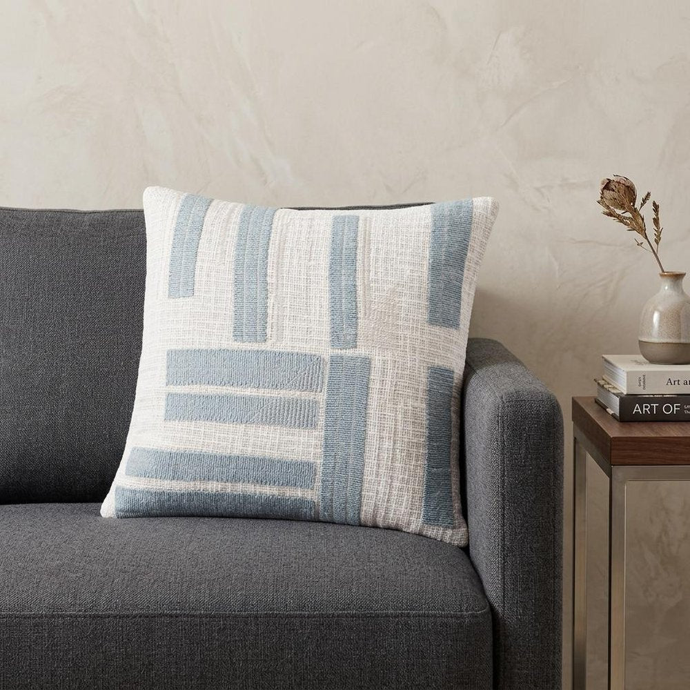 20" Blue And Ivory Cotton Striped Throw Pillow