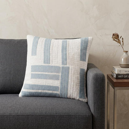 20" Blue And Ivory Cotton Striped Throw Pillow