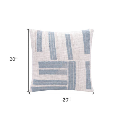 20" Blue And Ivory Cotton Striped Throw Pillow