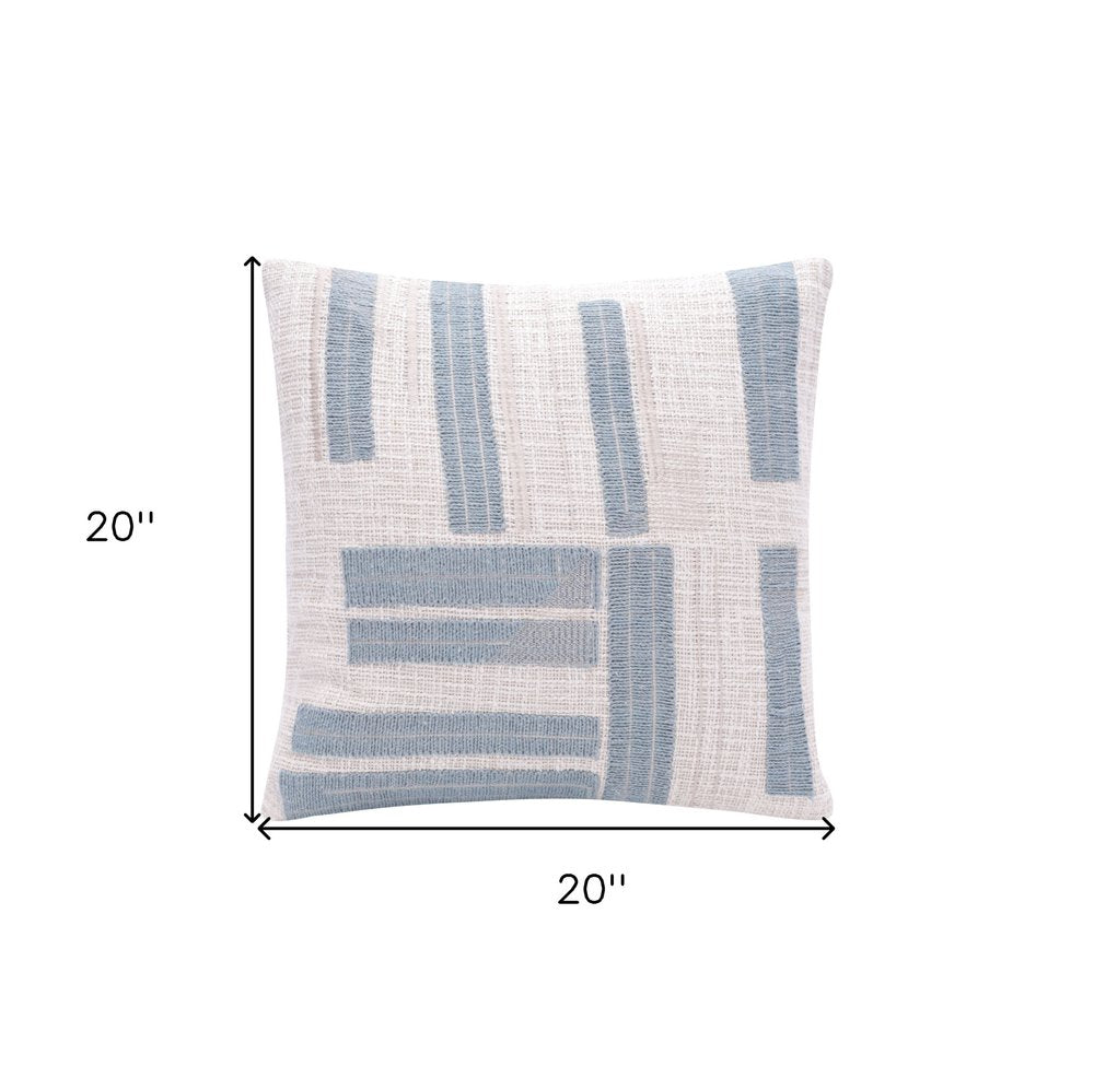 20" Blue And Ivory Cotton Striped Throw Pillow