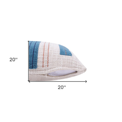 20" Blue And Ivory Cotton Striped Throw Pillow