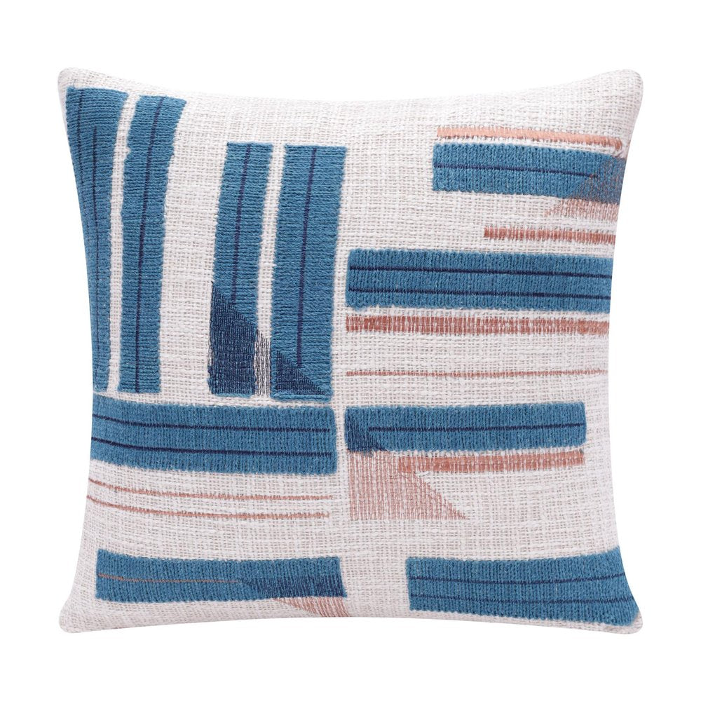 20" Blue And Ivory Cotton Striped Throw Pillow