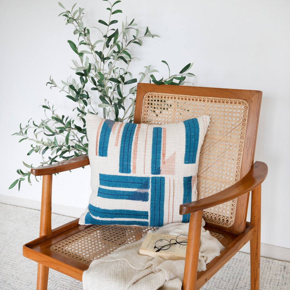 20" Blue And Ivory Cotton Striped Throw Pillow
