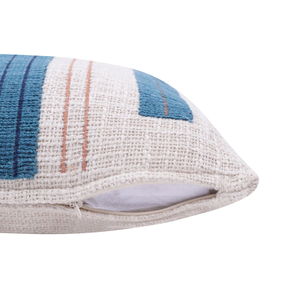 20" Blue And Ivory Cotton Striped Throw Pillow