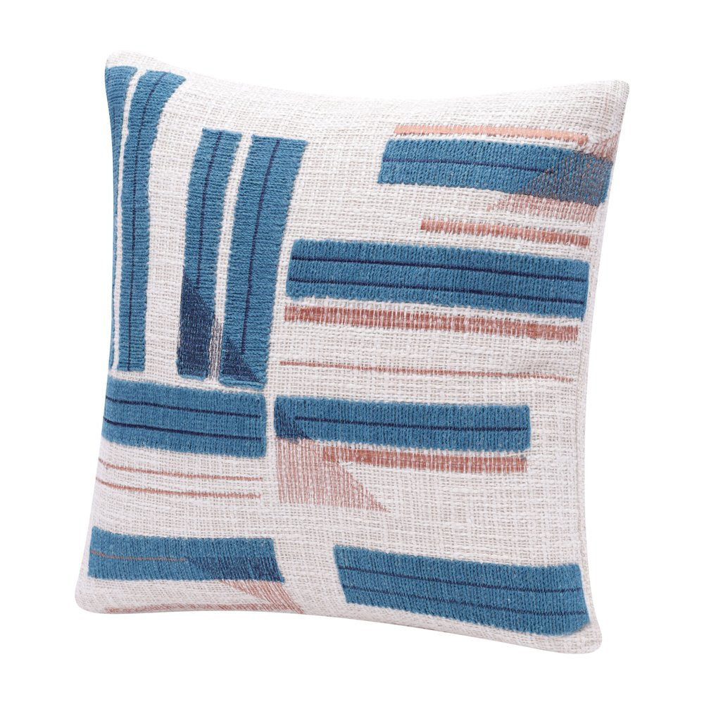 20" Blue And Ivory Cotton Striped Throw Pillow
