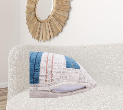 20" Blue And Ivory Cotton Striped Throw Pillow