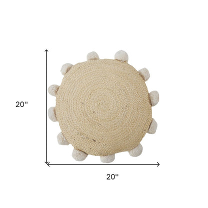 20" X 20" Brown Cotton And Jute Round Throw Pillow with Pompoms