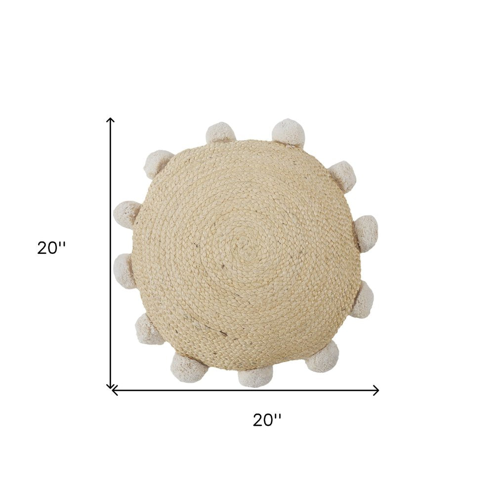 20" X 20" Brown Cotton And Jute Round Throw Pillow with Pompoms