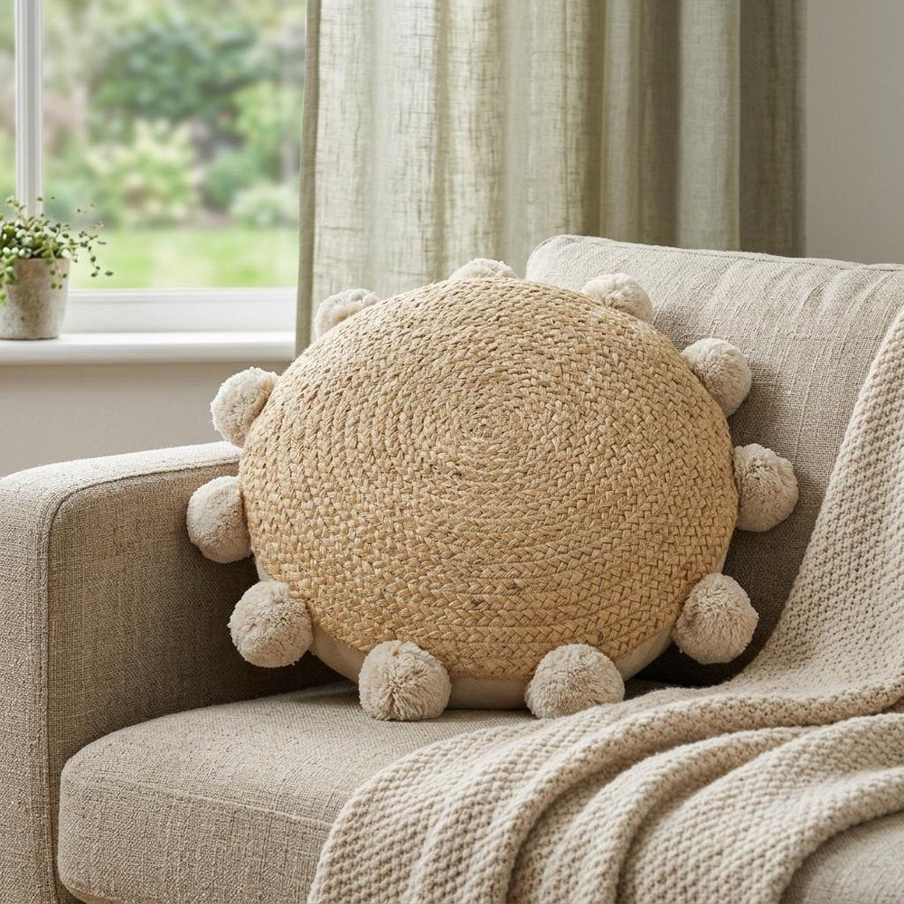 20" X 20" Brown Cotton And Jute Round Throw Pillow with Pompoms