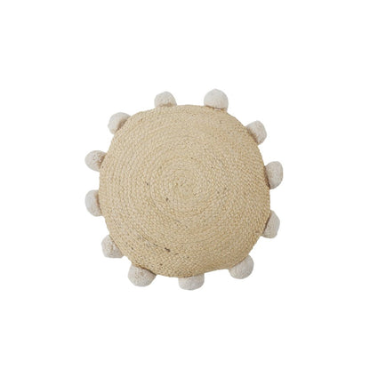 20" X 20" Brown Cotton And Jute Round Throw Pillow with Pompoms