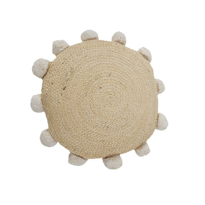 20" X 20" Brown Cotton And Jute Round Throw Pillow with Pompoms