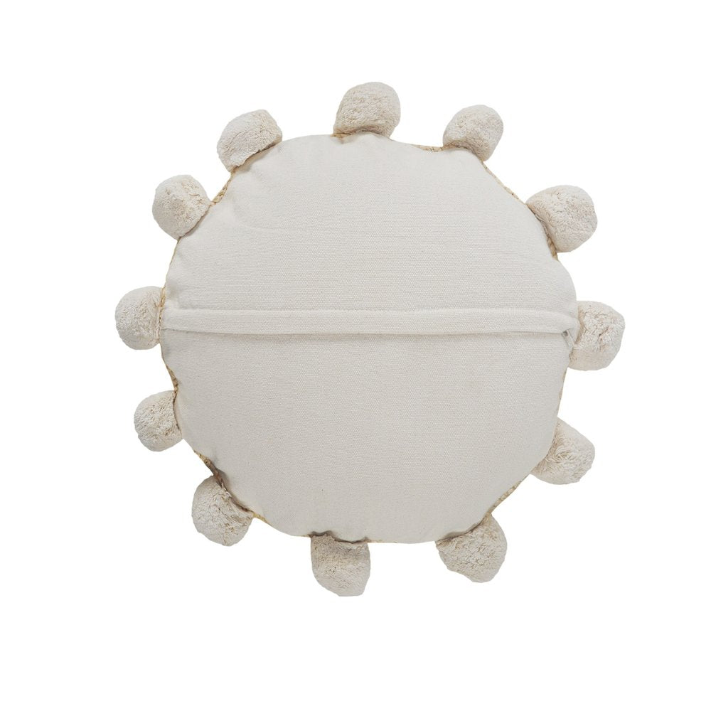 20" X 20" Brown Cotton And Jute Round Throw Pillow with Pompoms