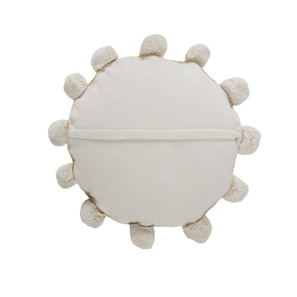 20" X 20" Brown Cotton And Jute Round Throw Pillow with Pompoms