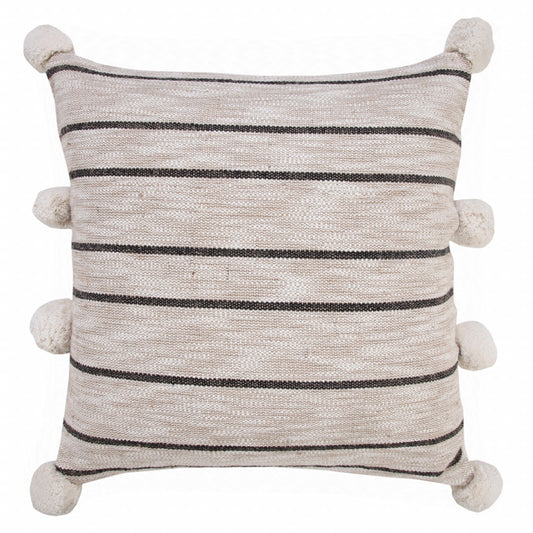 20" X 20" Beige White And Black Jute Striped Zippered Pillow