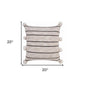 20" Beige And Black Jute Striped Throw Pillow with Pompoms