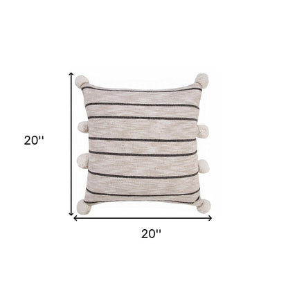 20" Beige And Black Jute Striped Throw Pillow with Pompoms