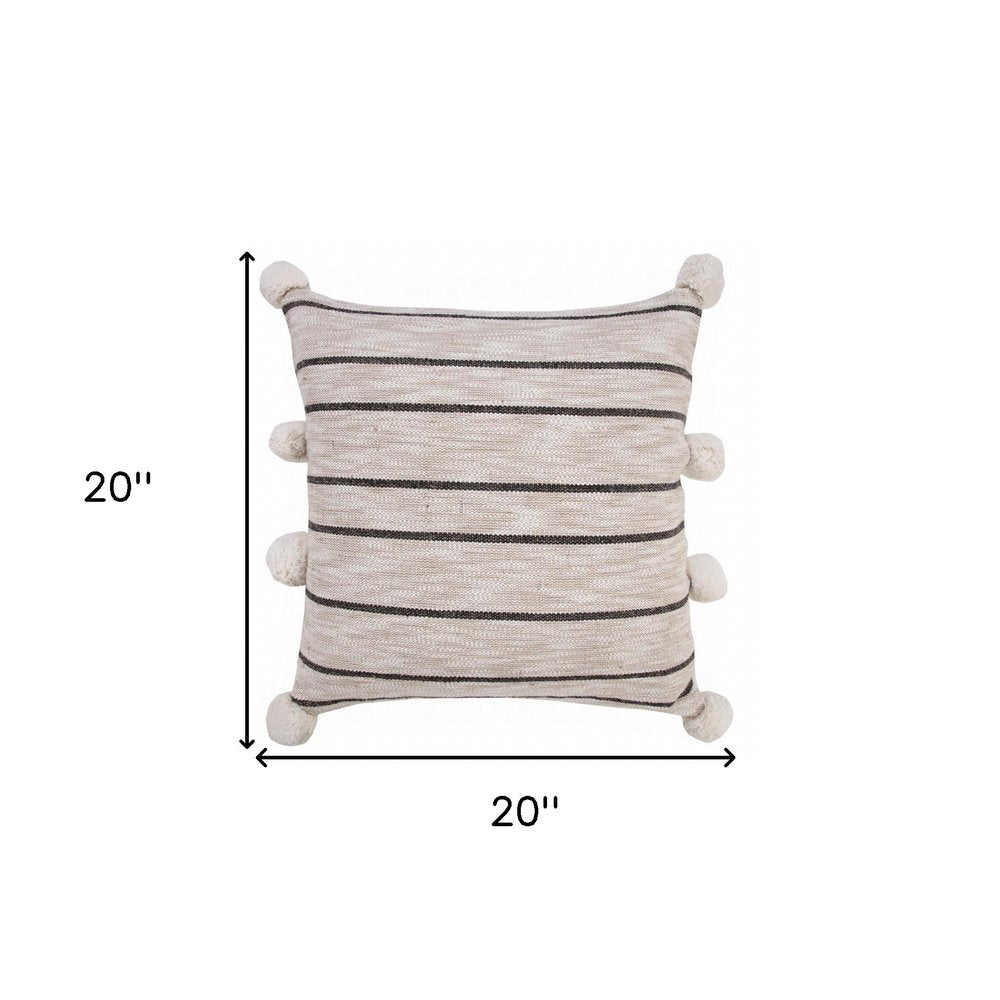 20" Beige And Black Jute Striped Throw Pillow with Pompoms