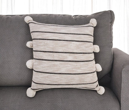 20" Beige And Black Jute Striped Throw Pillow with Pompoms