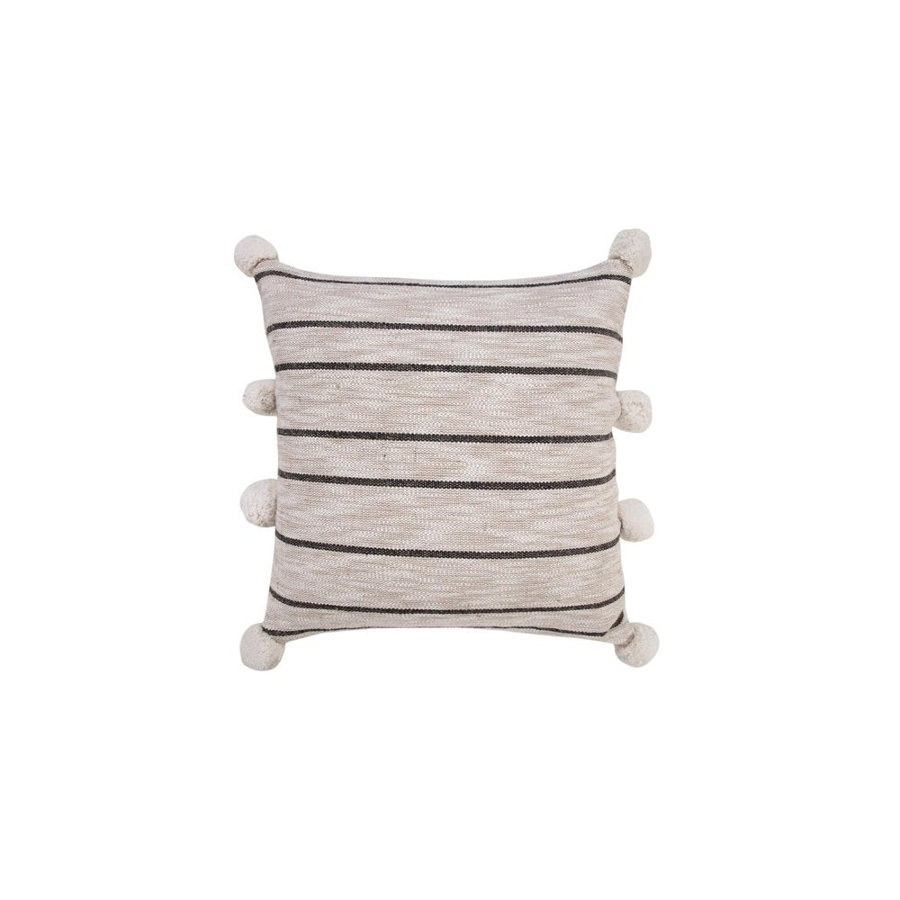 20" Beige And Black Jute Striped Throw Pillow with Pompoms