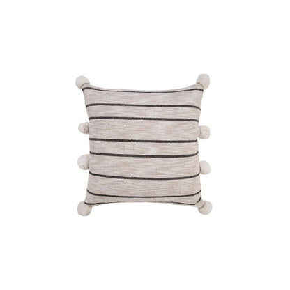 20" Beige And Black Jute Striped Throw Pillow with Pompoms