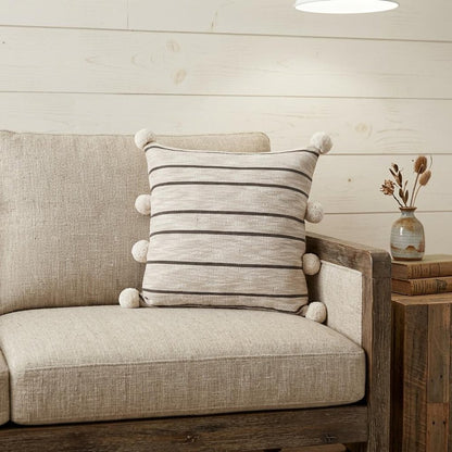20" Beige And Black Jute Striped Throw Pillow with Pompoms