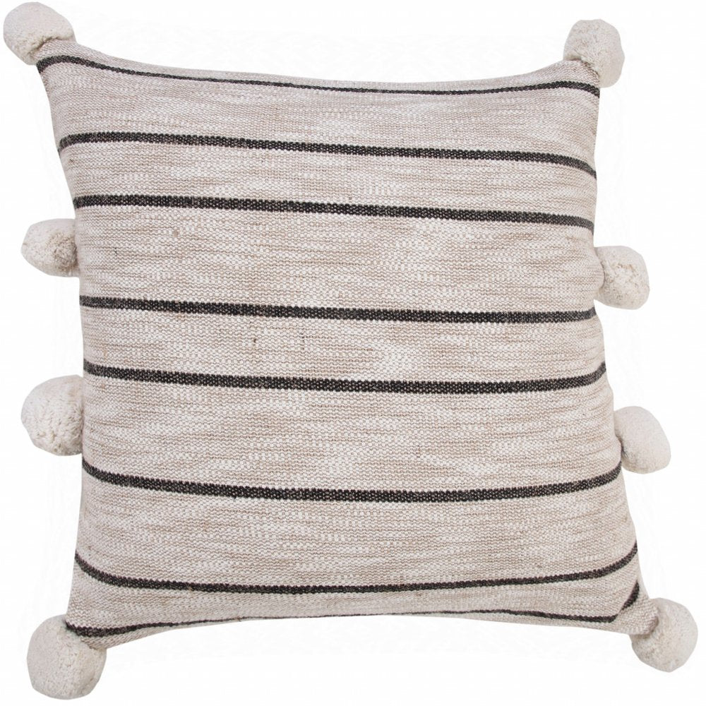 20" Beige And Black Jute Striped Throw Pillow with Pompoms
