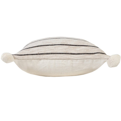 20" Beige And Black Jute Striped Throw Pillow with Pompoms