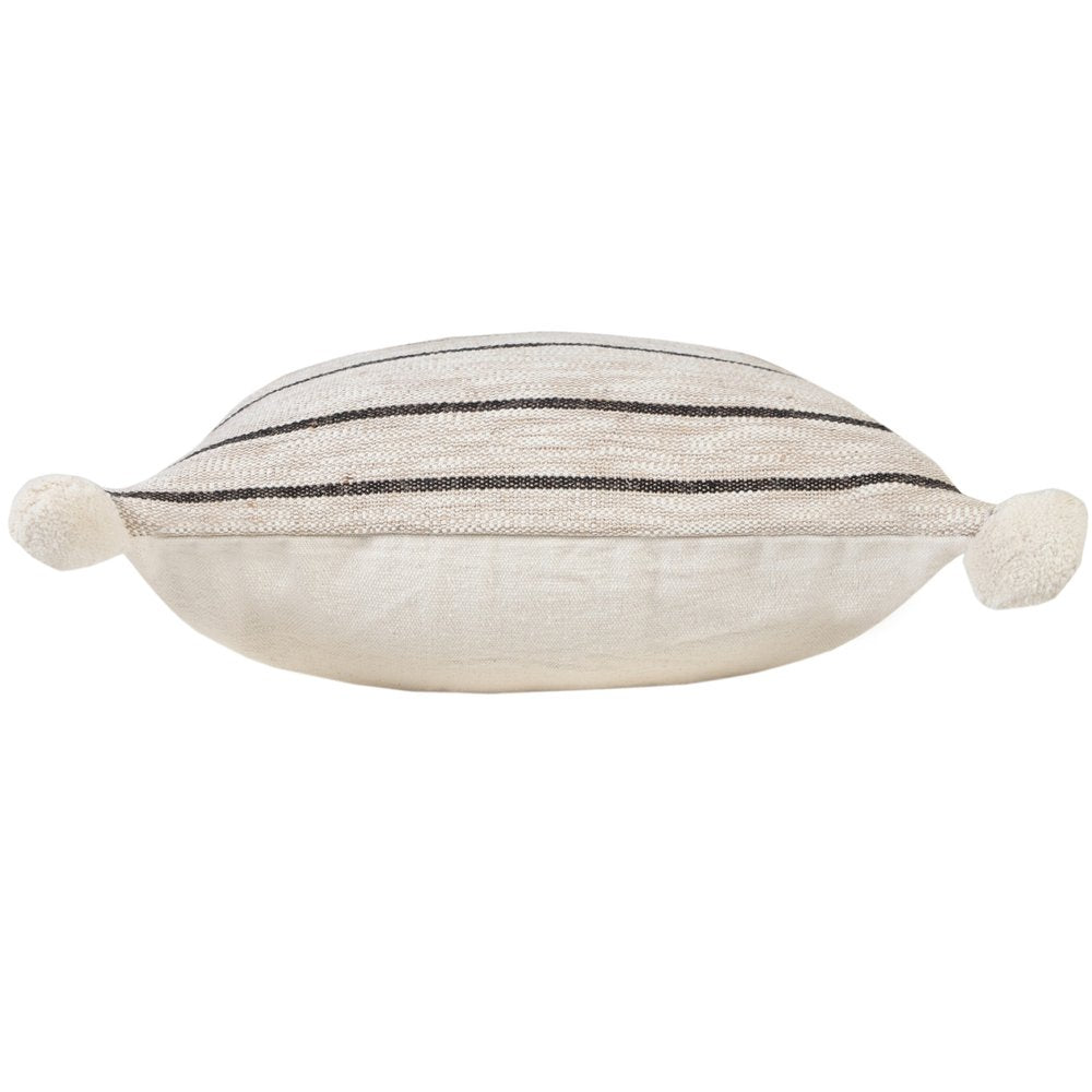 20" Beige And Black Jute Striped Throw Pillow with Pompoms