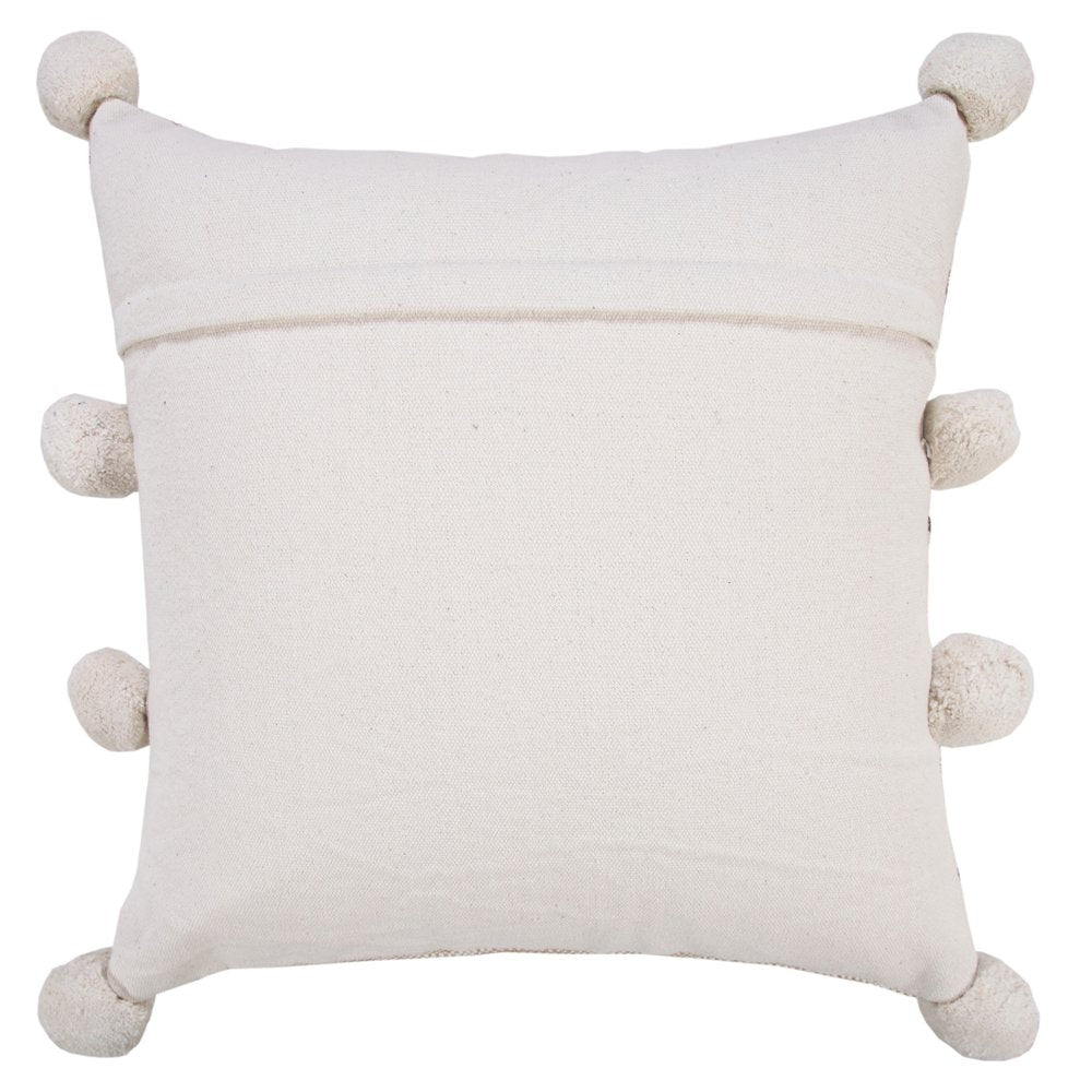 20" Beige And Black Jute Striped Throw Pillow with Pompoms