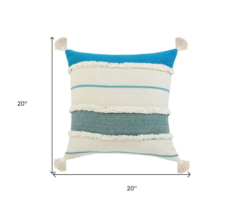 14" X 36" Blue And Off-White 100% Cotton Striped Zippered Pillow