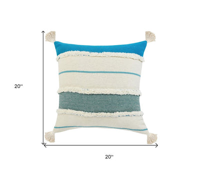 14" X 36" Blue And Off-White 100% Cotton Striped Zippered Pillow