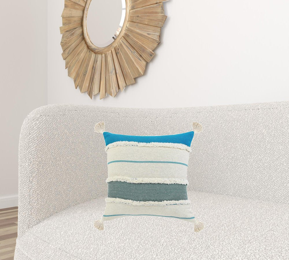 14" X 36" Blue And Off-White 100% Cotton Striped Zippered Pillow