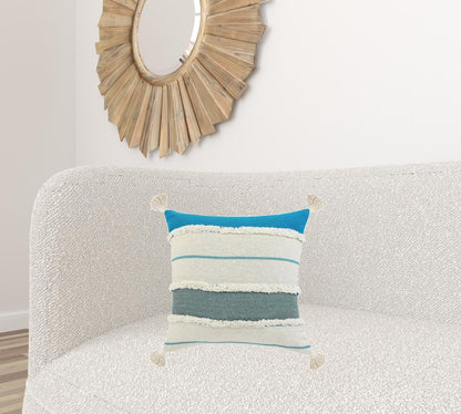 14" X 36" Blue And Off-White 100% Cotton Striped Zippered Pillow