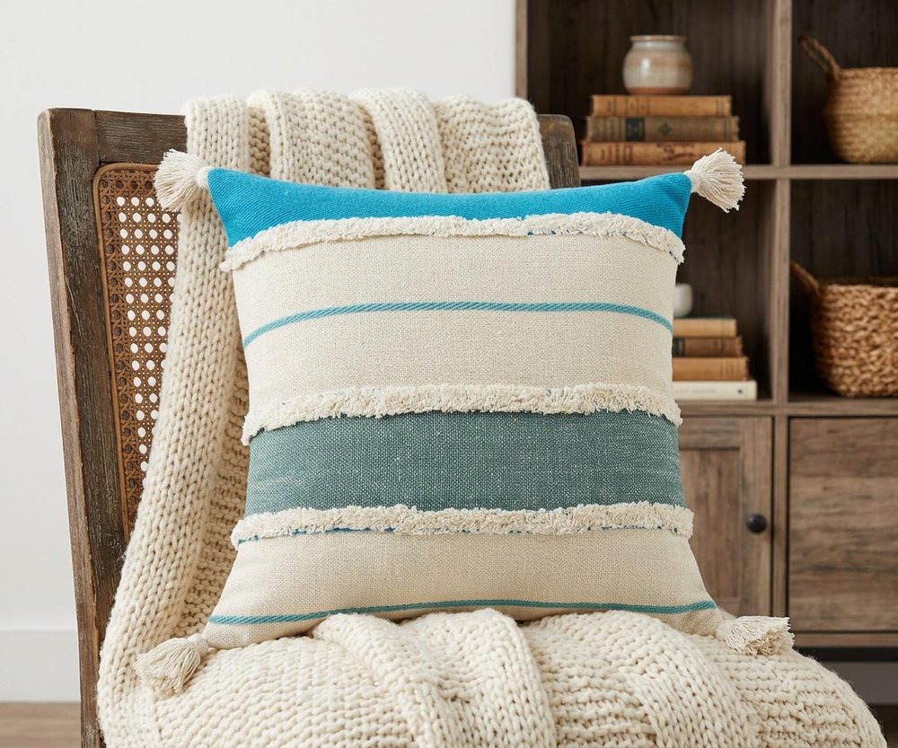 14" X 36" Blue And Off-White 100% Cotton Striped Zippered Pillow