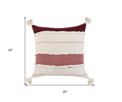 14" X 36" Red And Off-White 100% Cotton Striped Zippered Pillow