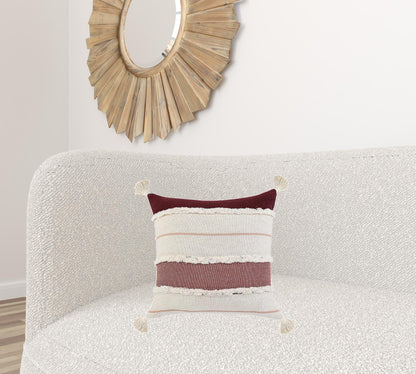 14" X 36" Red And Off-White 100% Cotton Striped Zippered Pillow