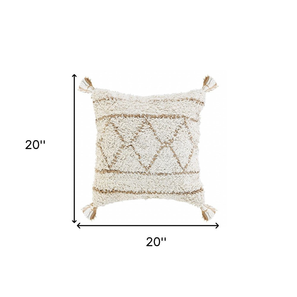 20" Tan And White Geometric Cotton Throw Pillow