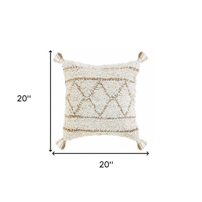 20" Tan And White Geometric Cotton Throw Pillow