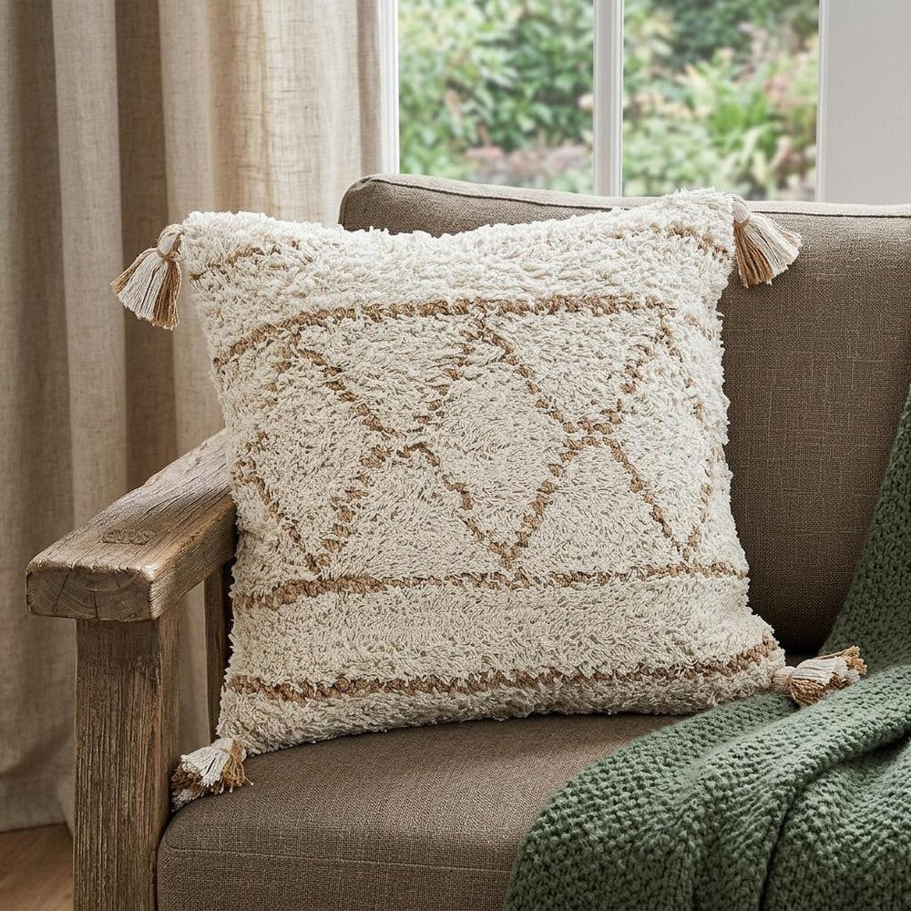 20" Tan And White Geometric Cotton Throw Pillow