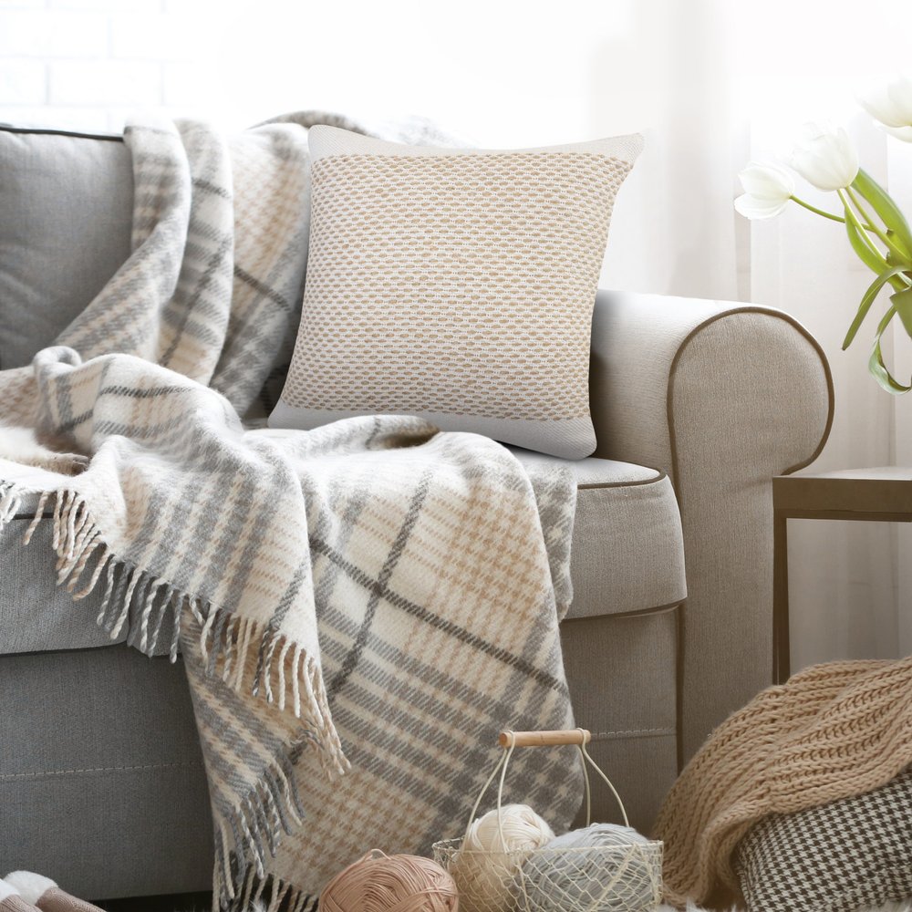 20" Ivory And Natural Cotton Geometric Throw Pillow