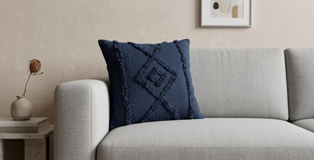 20" Navy Blue And Dark Blue Cotton Geometric Throw Pillow