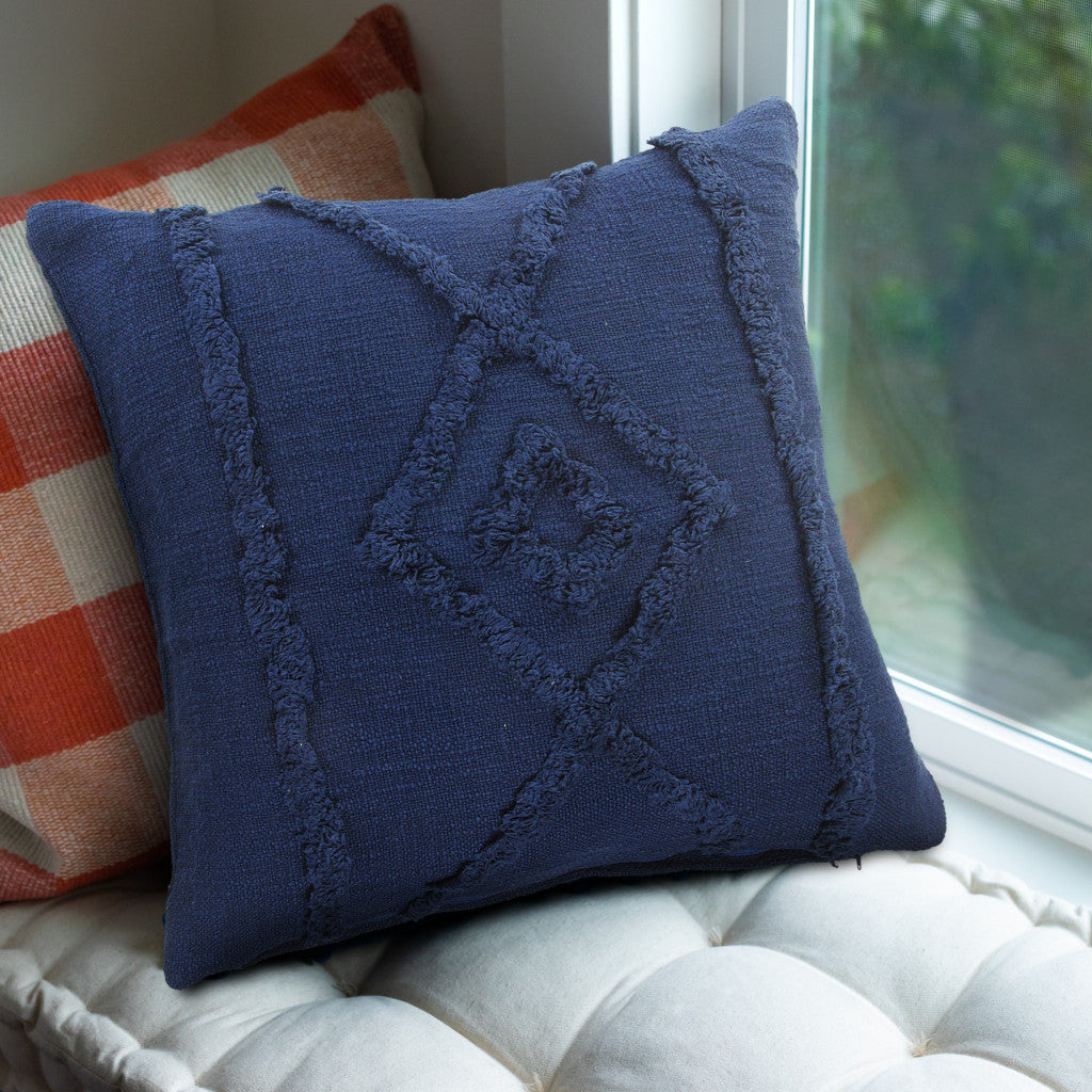 20" X 20" Navy And Dark Blue 100% Cotton Geometric Zippered Pillow