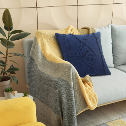 20" Navy Blue And Dark Blue Cotton Geometric Throw Pillow